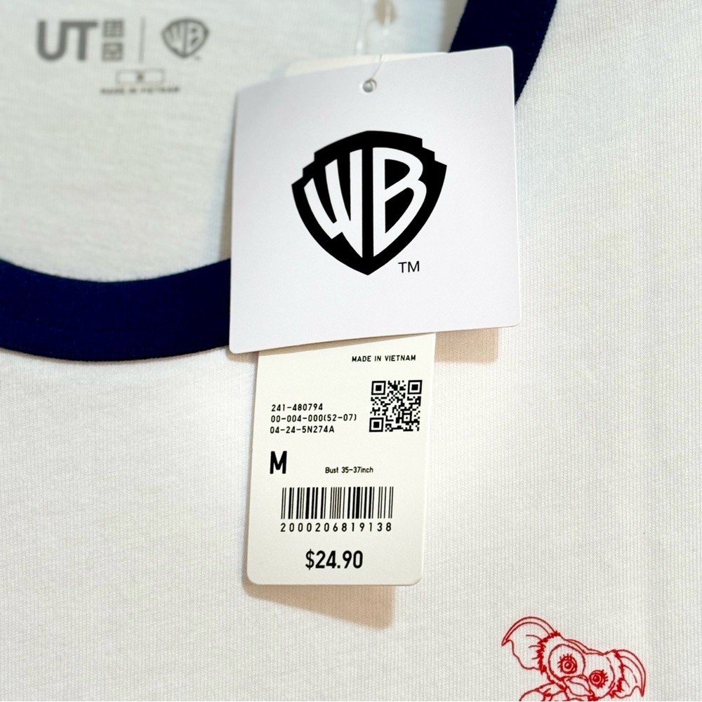 🔥NWT🔥 Uniqlo Warner Bros. Movie Gremlins Graphic Ringer Tee - Medium Blue/White - Picture 3 of 11